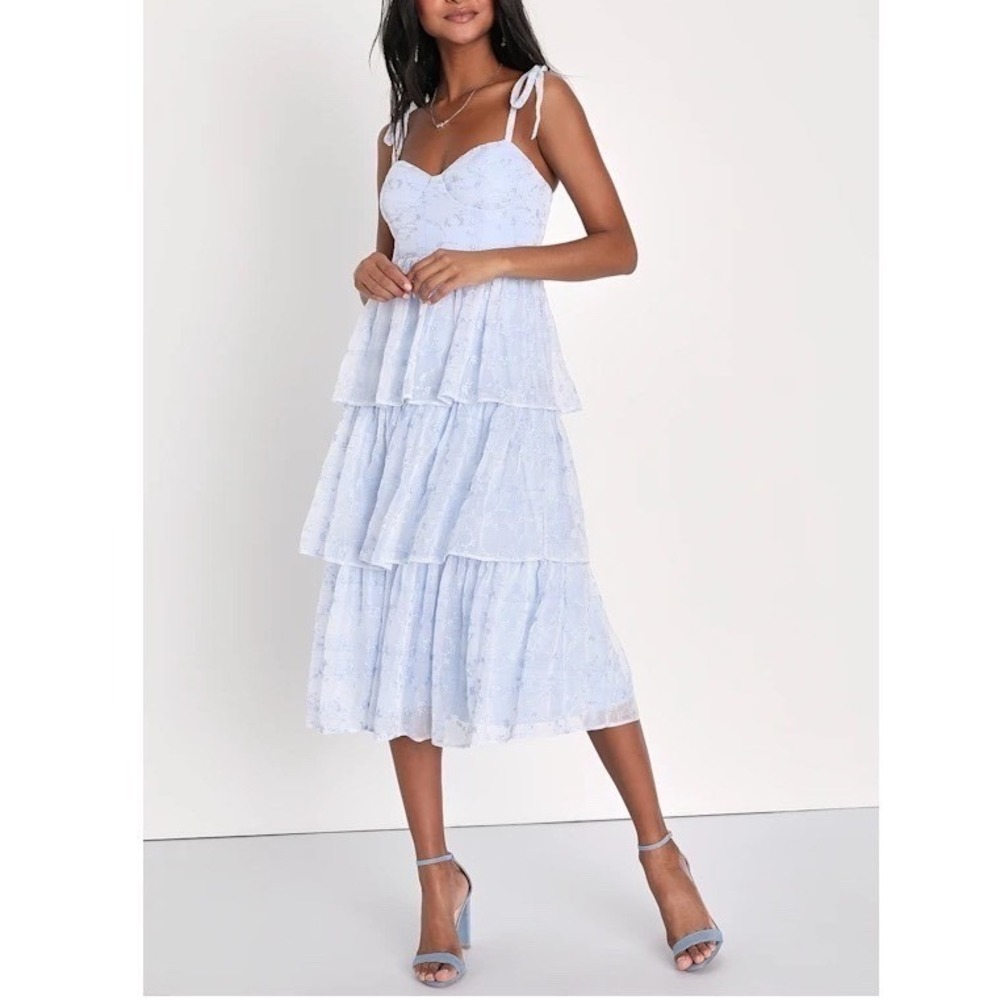 Lulu's Light Blue Tiered Midi Dress with Tie Straps